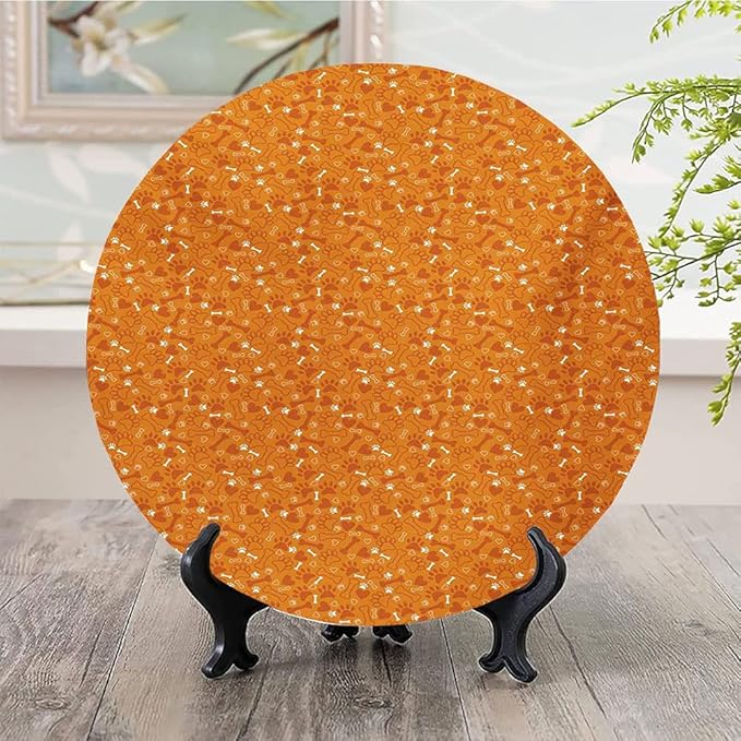 Ceramic Plates, Dog Bone Decorative Ceramic Plates, Pattern with Paw Prints Bones and Hearts Veterinary, 8 Inch, for Dining, Parties, Wedding, Marigold Burnt Orange and White