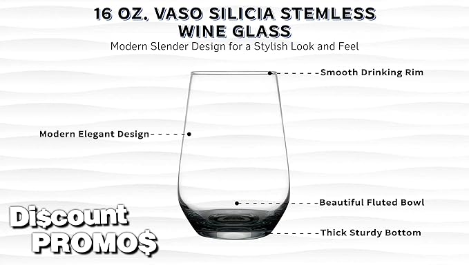 DISCOUNT PROMOS 10 Vaso Silicia Stemless Wine Glasses Set, 16 oz. - Clear, Orb-Like, Thick base - Black