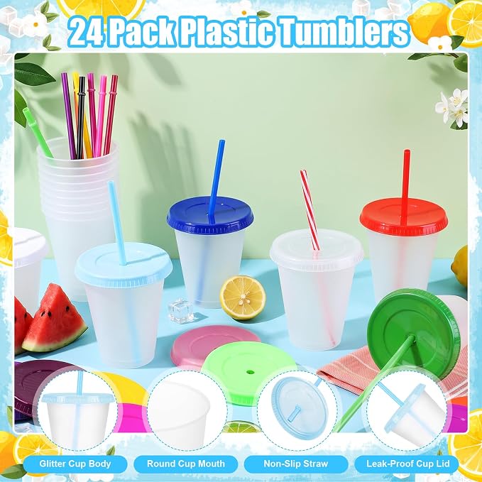 24 Pcs Plastic Tumblers with Lids and Straws, Reusable Cups with Lids Plastic - Image 3