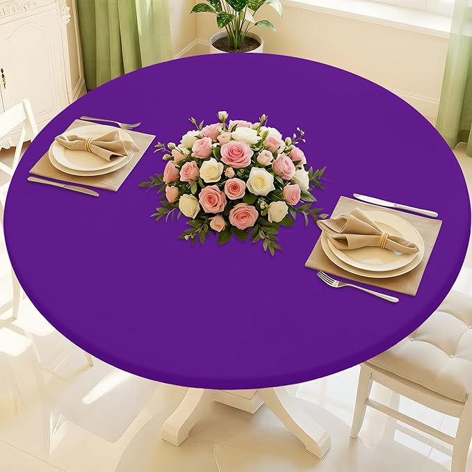 Round Spandex Tablecloth, Elastic Fitted Waterproof Tablecloths for 57"-68" Tables, Stretch Washable Picnic Table Cover for Camping, Dining, Indoor and Outdoor, Purple