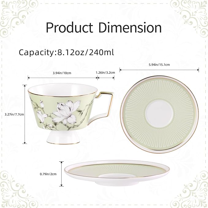 KAMMAK Ceramic Coffee Cups Saucers Set of 2, Porcelain Espresso Cups - Image 2