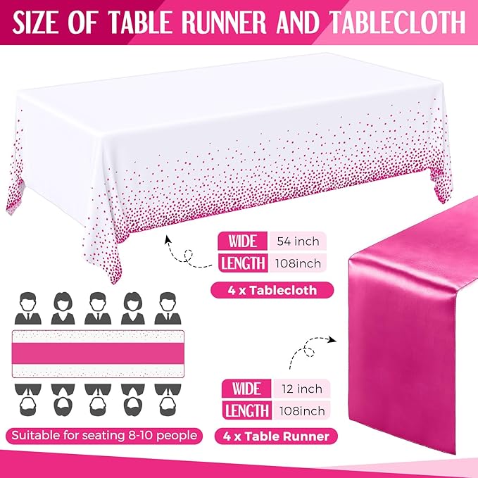 Breling 8 Pack White and Hot Pink Disposable Plastic Tablecloths and Satin Table Runner Set, 54 x 108 Inch Tablecloth, 12 x 108 Inch Table Runners for Birthday Baby Shower Wedding Graduation