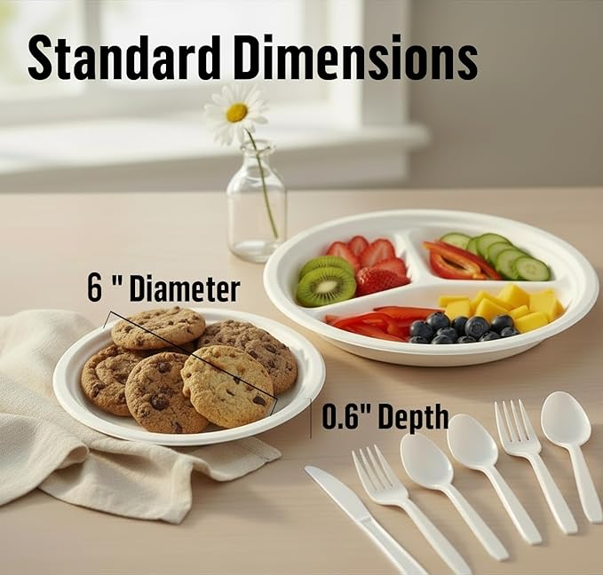 Small Compostable Heavy Duty Disposable Paper Plates, 300 Count | 6 Inch Round | Natural Bagasse, White Biodegradable Eco-Friendly Sugarcane Sandwich, Cake, Snack Dessert Tray