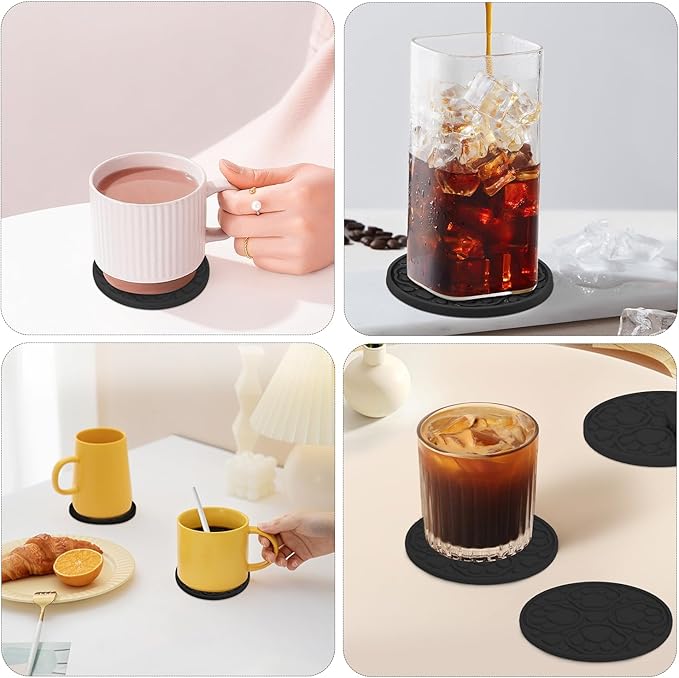Black Silicone Coaster with Holder, 4 Inches Modern Bar Coasters Set of 6 for Desk, Tabletop Non Slip Decorative Cup Mat for Coffee, Drinks, Beer, Beverage - Dishwasher Safe