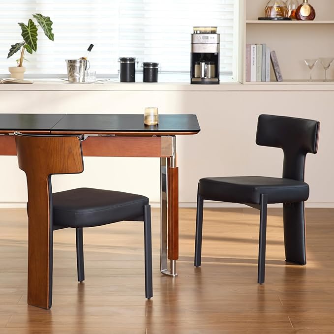 Black Dining Chairs Set of 2,Faux Leather Dining Chairs with Soft Cushion,Comfortable Upholstered Armless Dining Room Chairs with Curved Plywood Back