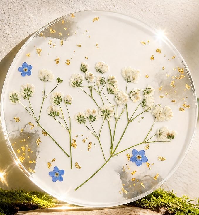 Oqplog Resin Drink Coasters for Desk Coffee Table- Elegant White Floral Dried by Oqplog