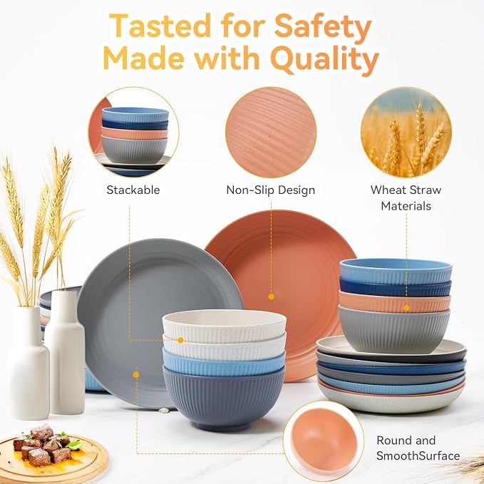 Wheat Straw Dinnerware Sets, 64-Piece Beige Plates and Bowls Sets - Image 4