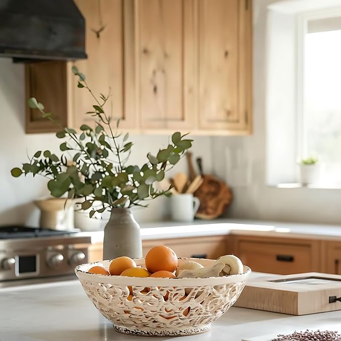 SIDUCAL Ceramic Fruit Bowl for Kitchen Counter,Decorative Fruit Basket with Holes, 10.43" Large Hollow Out Fruit Vegetable Holder Bowl for Table Decor, Beige