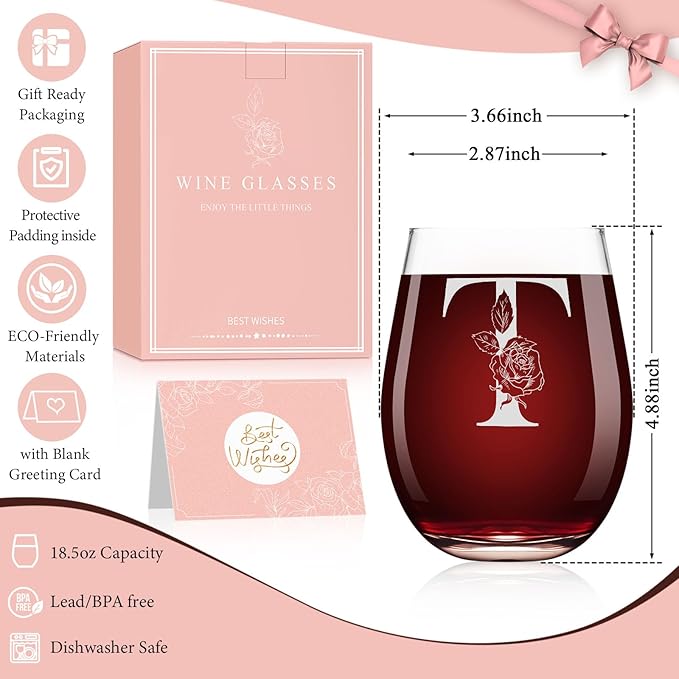 Valentines Day Gifts for Her, Gifts for Women Her Friend Mom Grandma Wife Sister Bridesmaid Nurse, Birthday Galentines Mothers Day Christmas, Personalized Initial Customized Wine Glasses 18OZ(T)