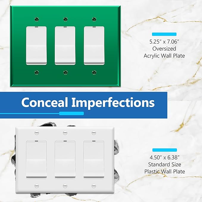LIDER Reflective Acrylic Decorator Wall Plate, Mirrored Light Switch Plate, Plexiglass Outlet Cover, Acrylic Glass, Oversized 3-Gang 5.25" x 7.06", LWP-33O-AGR5P, Green, 5 Pack