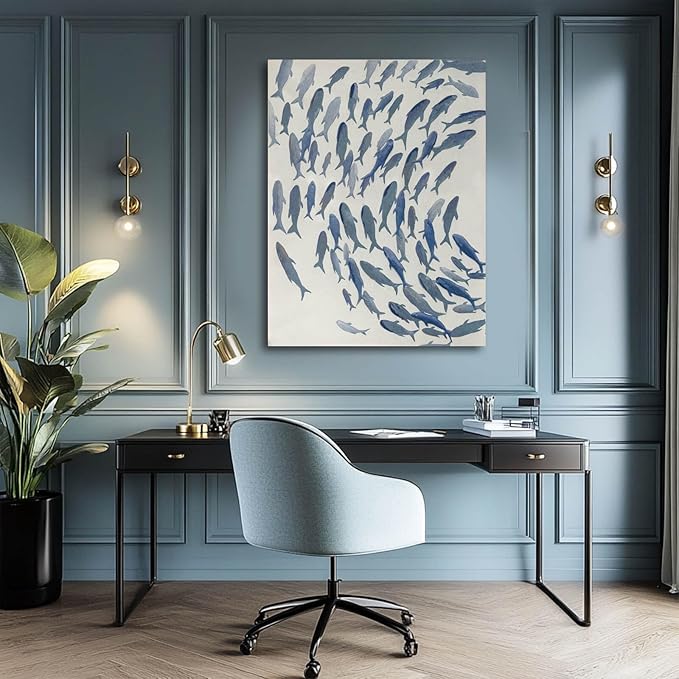 CHUDANHAO Blue and White Wall Decor Animal Decorative Paintings Fish Canvas Wall Art 30"x40" Office Decorations Artwork for Bedroom