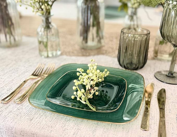 " OCCASIONS " 100 Plates Pack,(50 Guests) Premium Wedding Party Disposable Plastic Plates Set -50 x 10'' Dinner + 50 x 7'' Salad/Dessert (Belize Square in Green & Gold)