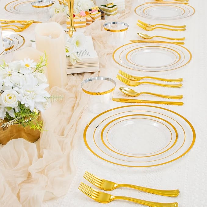 WELLIFE 600 PCS Clear Gold Disposable Dinnerware Set for 100 Guests — Elegant Gold rimmed Plastic Plates, Cups & Cutlery for Weddings, Receptions & Holiday Events, BPA-Free, Clear and Gold
