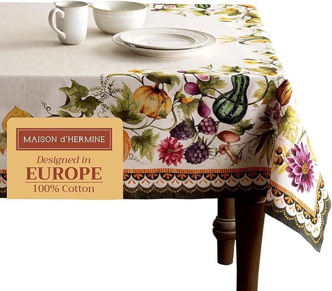 Maison d' Hermine Table Cloth Rectangle Table 100% Cotton 70 x 108 Inches Fall Tablecloth Reusable Everyday Use for Thanksgiving Christmas Decorations Dining Farmhouse (Pumpkin Garden - Cloudy Cream)