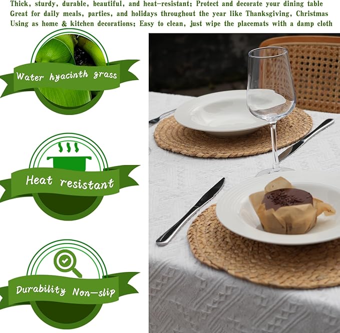ANDSTAR Round Woven Placemats Set of 4, 12"x12", Natural Wicker Placemats, Water Hyacinth Straw Braided Placemats,Boho Place Mats for Farmhouse, Rustic Table (Water Hyacinth in Natural Color)