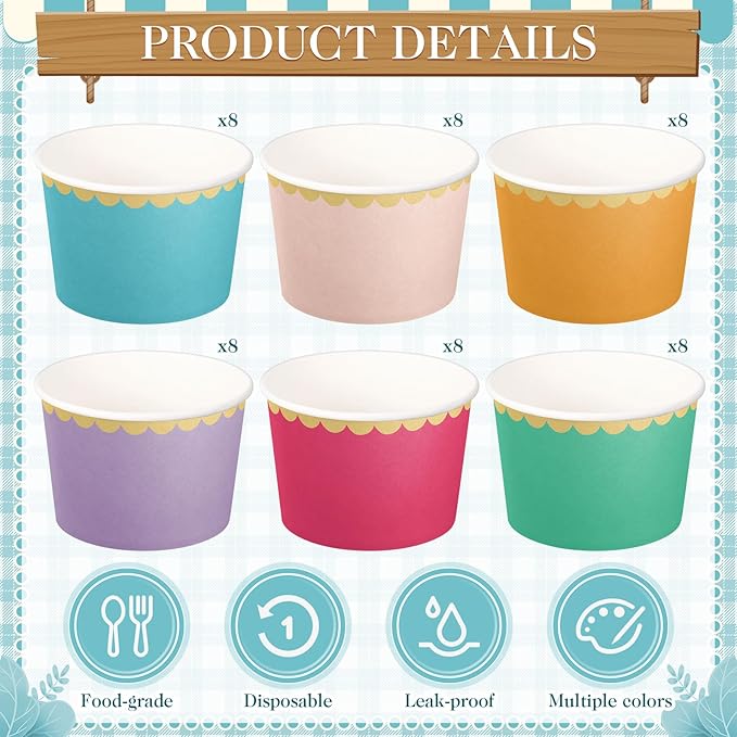 Zopeal 48 Pcs Colorful Disposable Ice Cream Bowls 9oz Candy Gradient Color Paper Snack Cups with Gold Scallop for Parties, Weddings, Baby Showers, Desserts, Yogurt, and Salads