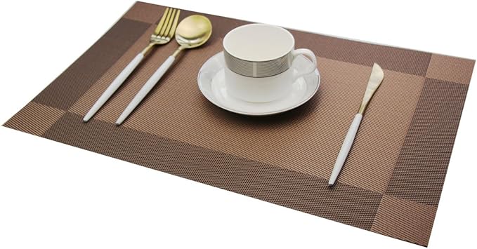 Placemats Washable Easy to Clean Table Mats for Kitchen Table Heat-resistand Woven Vinyl PVC Placemat 12x18 inches Set of 4（Brown）