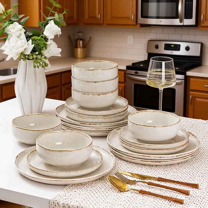AmorArc Ceramic Dinnerware Sets, Wavy Rim Stoneware Plates and Bowls Sets, Highly Scratch Resistant | Dishwasher & Microwave Dishes set, Service for 6 (18pc)-Speckled Cappuccino