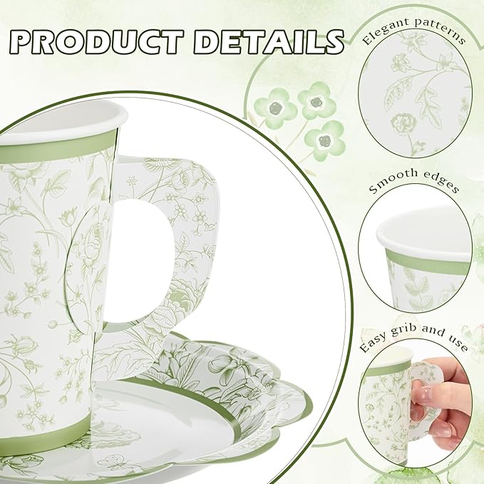 FillTouch 100 Sets Green Floral Paper Tea Cups and Saucers Disposable Paper Tea - Image 3