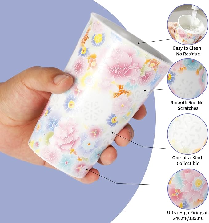 13.5 oz Floral Ceramic Tea Cup without Handle, Translucent Rice Grain Porcelain - Image 4