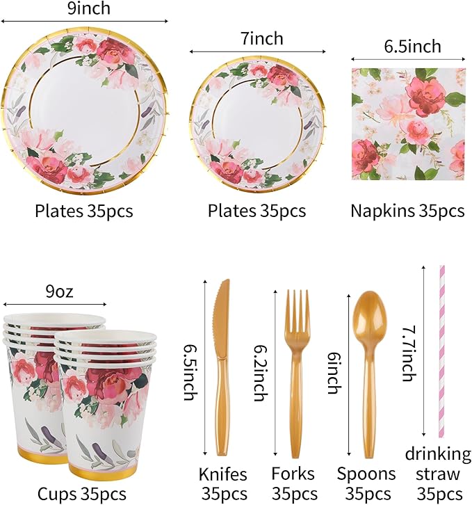 280PCS Floral Paper Plates and Napkins Party Supplies for 35 Guests Disposable Tableware with Plates Napkins Cups Cutlery Straws for Bridal Shower Birthday Party