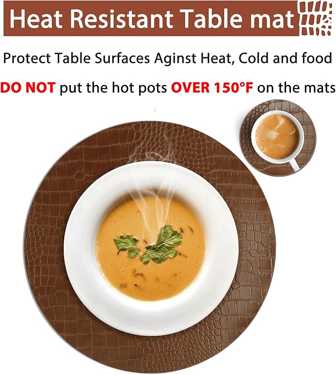 Round Leather Placemats for Round Tables Set of 6, Brown Table Place Mats and Coasters, Washable Easy to Care for Indoor Decor 13" Diameter