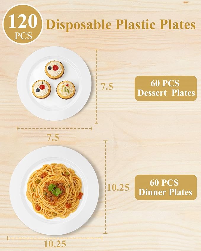 Quatish 120 Pcs White Disposable Plastic Plates for Party,Wedding Plate Includes 60 Pes 10.25 Inch 60 Pes 7.5 Inch Heavy Duty Dinner & Dessert Plates, Perfect for Festivals,Picnics