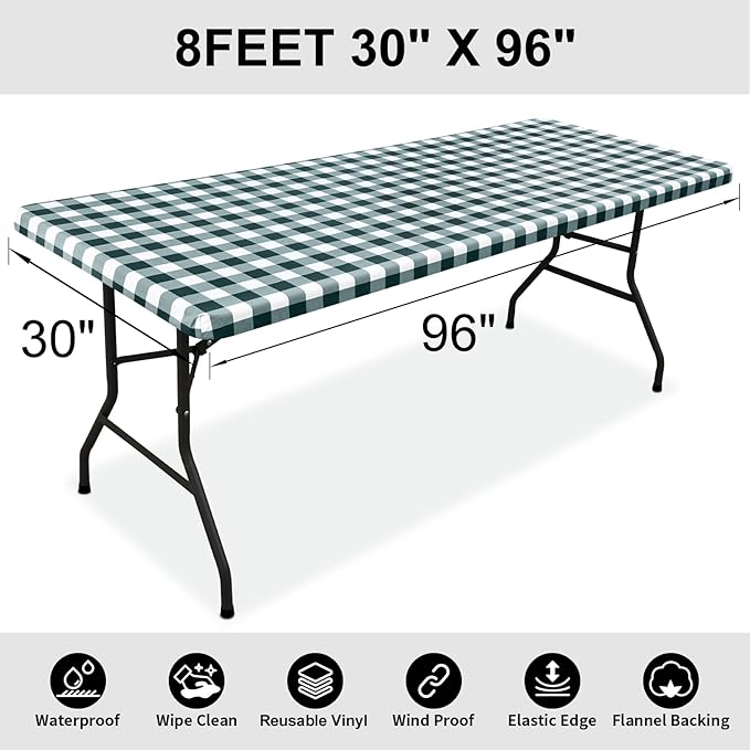 Smiry Rectangle Picnic Table Cloth, Elastic Waterproof Fitted Vinyl Tablecloths, Flannel Backed Buffalo Plaid Table Covers for Dining, Camping, Outdoor (Hunter Green and White, 30" x 96")