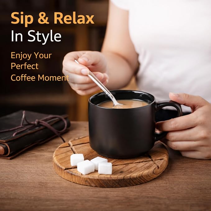 GBhome 14 OZ Coffee Mugs Set of 6, Stackable Matte Black Coffee Cups Set | - Image 5
