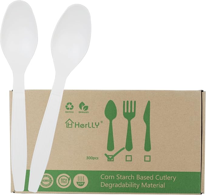 300 Disposable Spoons, Large Biodegradable Eco-Friendly Durable and Heat by HERLLY