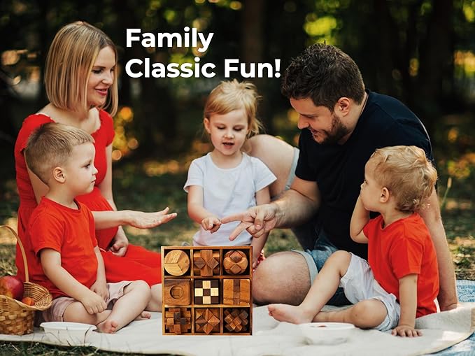 BSIRI 9 in 1 Wooden Brain Teaser Puzzles for Adults Teens Box Set Wood Hard Level 10 Impossible Mind Wood Brain Teaser Games 3D Hand Puzzle Sets for Decoration and Mini Toys