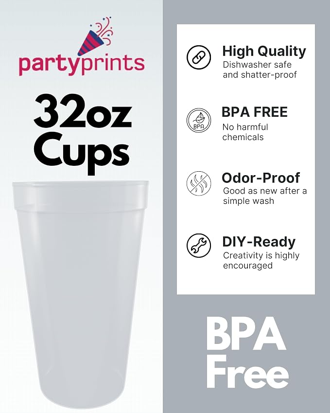 PartyPrints 100 Pack 32 oz Clear Reusable Blank Plastic Cups, Colored Plastic - Image 2
