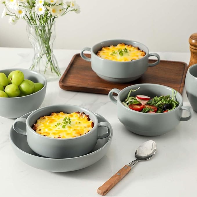 Soup Bowls, 22 oz French Onion Soup Bowls with Handles, Stackable Ceramic Bowls Set of 4, Dinner Bowls for Chili, Beef Stew, Soup, Cereal, Oven Microwave Dishwasher Safe, Matte Gray
