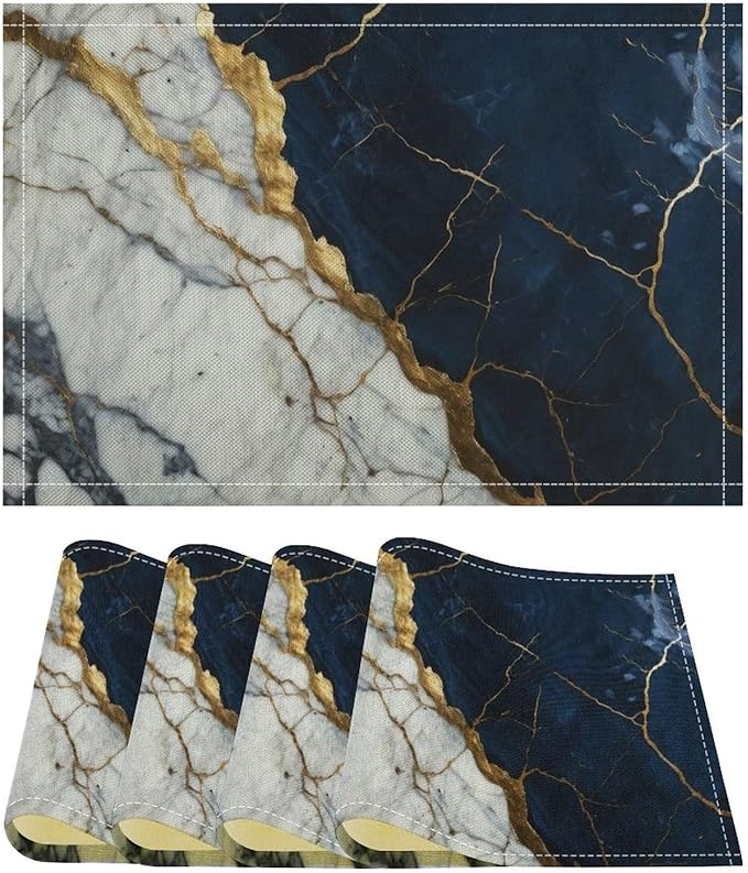 Marble Linen Placemats Set of 4, Modern Abstract Foil Texture White Navy Blue Gold Marble Washable Place Mats, Non Slip Placemat for Home Party Dining Tables Wedding Kitchen Banquets Decor 12x17 Inch