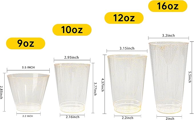 I00000 60 pcs Gold Plastic Cups - 9 OZ Hard Gold Glitter Plastic Cups For Cocktail and Drinking - Premium Disposable Cup with Gold Glitter For Fancy Wedding Party Cup