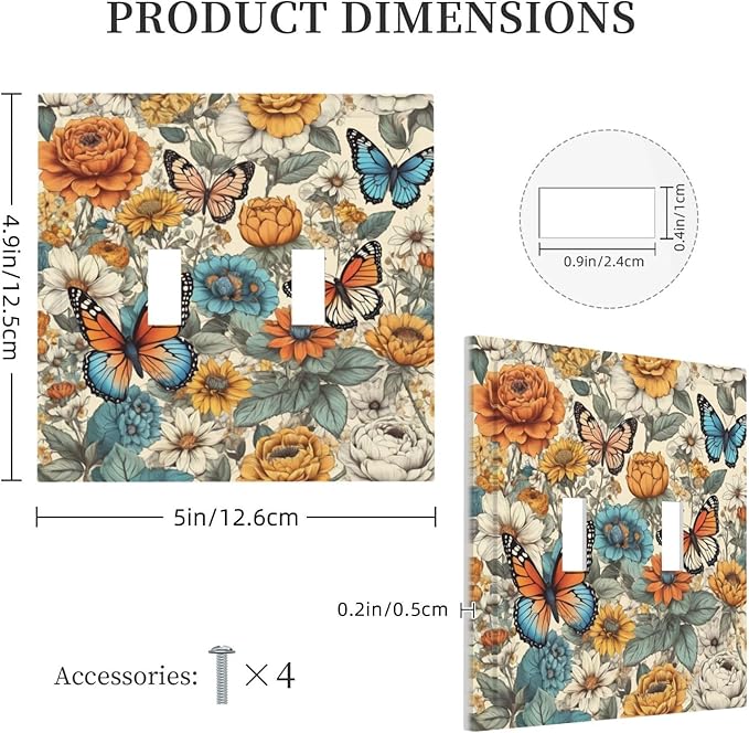 Decorative Light Switch Cover Vintage Colorful Floral Butterfly Flowers 2 Gang Wall Plate Double Toggle Switch Plate Receptacle Electrical Outlet Cover Switchplate for Bathroom Bedroom（2 Pack）