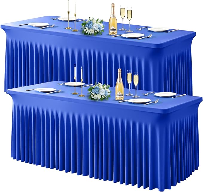 Wish Care 2 Pack Royal Blue Spandex Table Clothes for 4 Foot Rectangle Tables, 4FT Wrinkle Free Fitted Tablecloths Ruffles Design Table Cloth for Party, Banquet, Wedding and Events