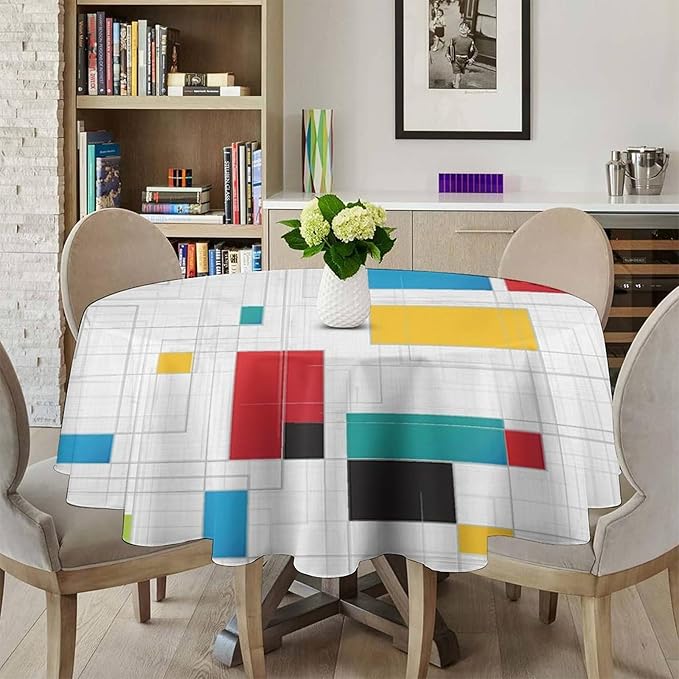 Mid Century Round Tablecloth, Abstract Geometric Mid Century Retro 50S 60S Tablecloth for Home Party Dining Room Kitchen Decor 50Inch(127cm)