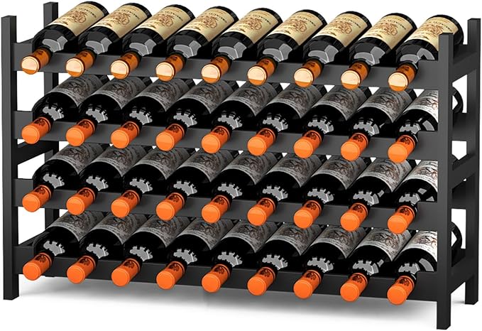 Wine Rack Freestanding Floor, Bamboo 4-Tier 33 Wine Bottle Holder Racks Countertop Cabinet Display, Wooden Stackable Modular Wine Storage Organizer Shelves for Kitchen Bar Cellar Dining Room Black