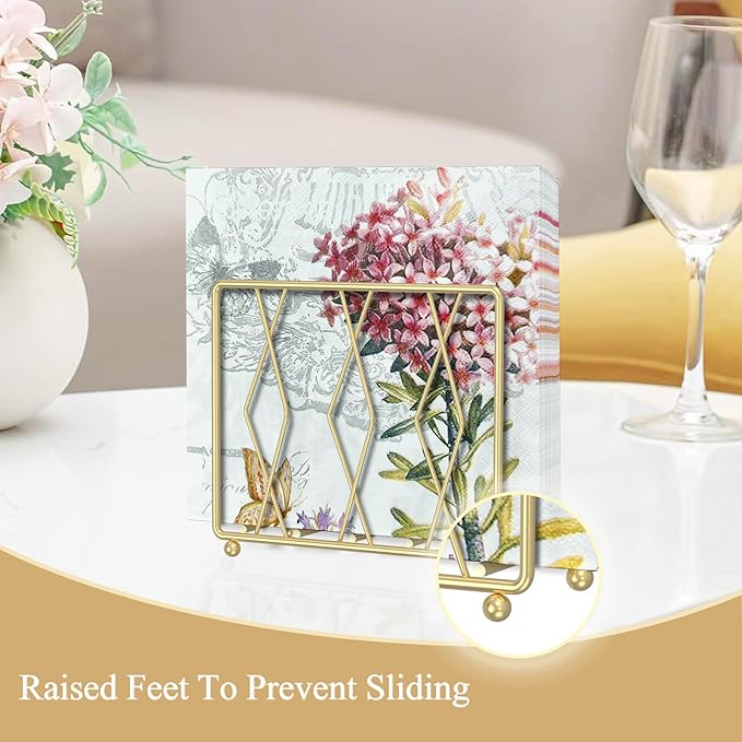 Napkin Holder for Table, Modern Metal Napkin Holders for Paper Napkins & Kitchen Dining & Countertops, Cocktail Upright Napkin Holder Dispenser Suitable for All Room Decors (Small, Gold)