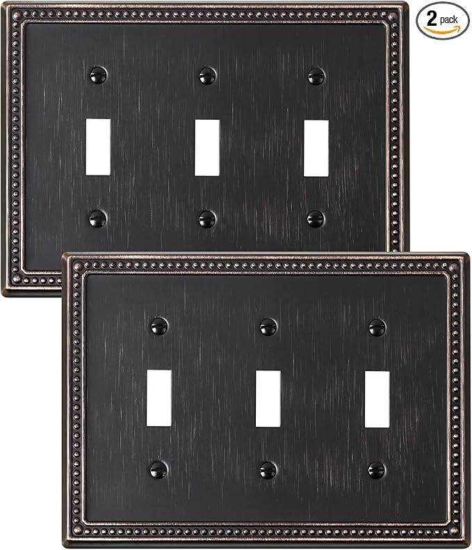 2-Pack Triple Toggle Light Switch Cover Plate, Pearls Decorative Switch Plate Covers, Aged Bronze 3 Gang Metal Wall Plate, Corrosion Resistant