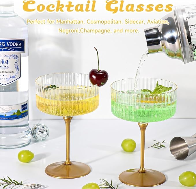 XUWAIDSGN 50 Pcs Champagne Martini Glasses 9 Oz with Gilded Removable Gold Rim Coupe Glasses Pink Martini Glasses Plastic Mimosa Vintage Coupe Glasses Set For Wedding Anniversary (50, Ribbed Gold)