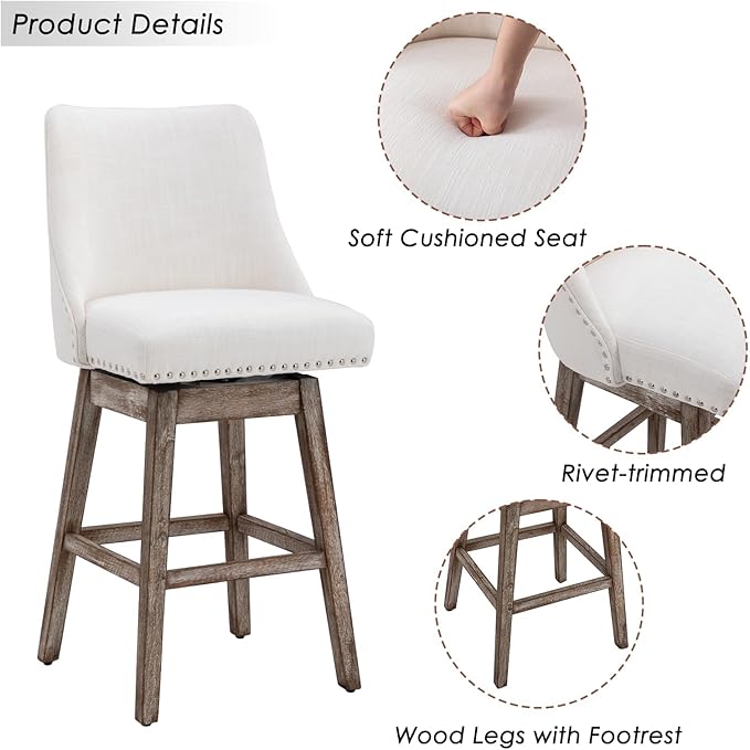 Counter Height Bar Stools Set of 4, Linen Fabric Mid Century Modern Swivel Barstool with Back & Wood Legs Comfy Upholstered Counter Chairs for Home Bar/Dining Room/Restaurant, Cream