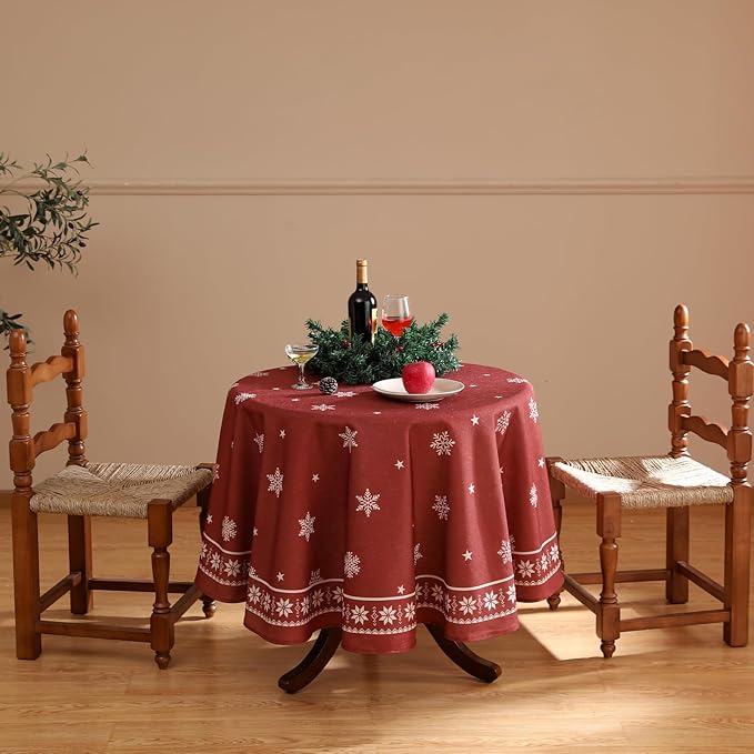 ISAENNE Designer Christmas Red Round Tablecloth,Linen Table Cloth with Snowflakes Pattern,Wrinkle Resistant Decor Tablecloths for Dining Kitchen Thanksgiving Christmas,Diameter 67"-Carol C