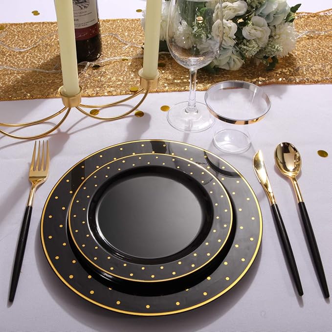 I00000 102 Pcs Black and Gold Plastic Plates, Black Disposable Party Plates Include 51 Dinner Plate 10.25’’ and 51 Dessert Plate 7.5’’ Perfect for Birthday, Wedding & Party