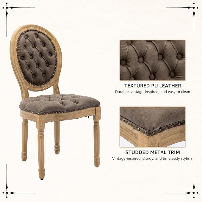Vintage French Dining Chairs Set of 6, Round Back PU Leather Upholstered Accent Chairs with Nailhead Trim and Solid Wood Frame, Farmhouse Sillas de Comedor for Dining Room & Kitchen, Distressed Brown