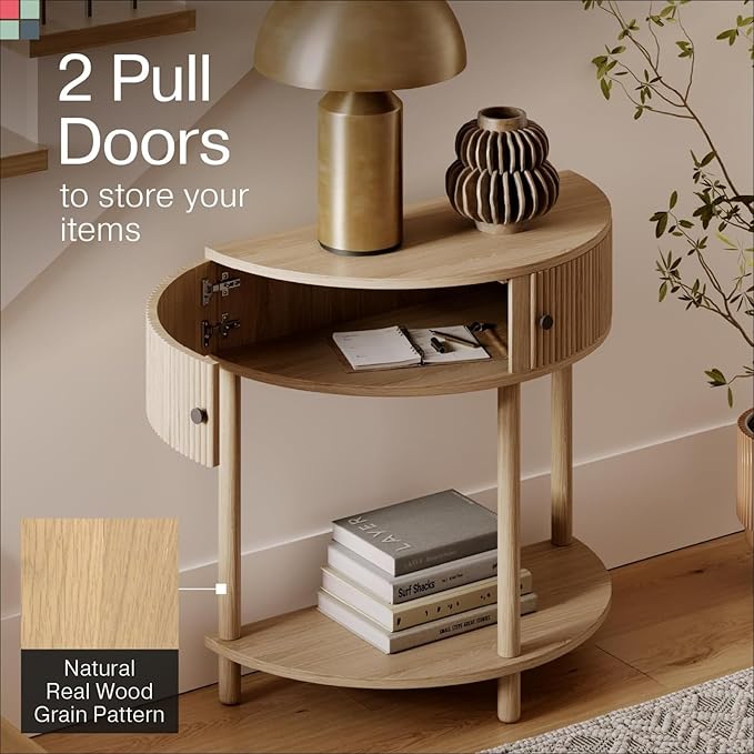 Fluted Half Moon Shaped Console Table, Small Entry Desk, Living Room Furniture, Modern Home Decor, Solid Wood Entryway Table with Two Doors and Black Knobs (Natural Oak)