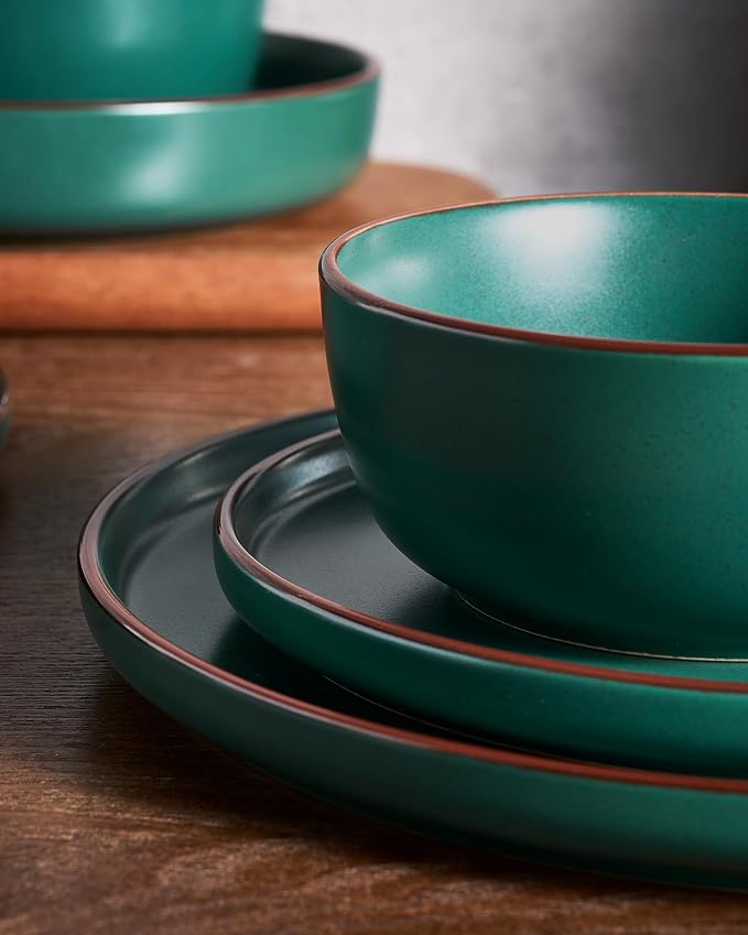 Famiware Mercury 16-Piece Stoneware Plates and Bowls, Dark Green | Dinnerware - Image 3