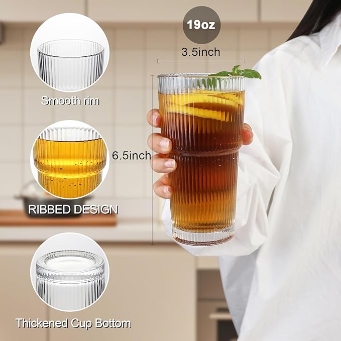 Drinking Glasses，19oz Ribbed Glassware, 4 Pack Old Fashioned Glasses,Thickened glass for iced coffees, smoothies, cocktails and juices, perfect for families and parties (4)