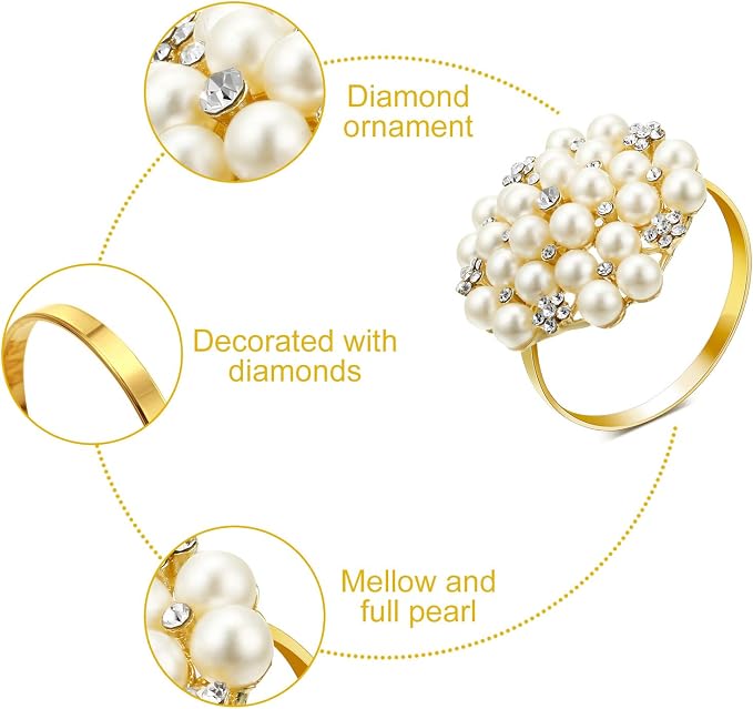 Hotop 12 Pcs Gold Napkin Rings Pearls and Flower Napkin Buckles | Rhinestone - Image 6